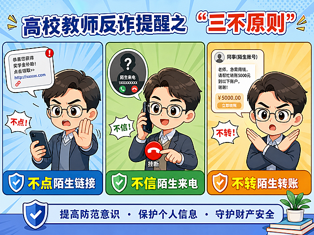 卡通漫画风格，高校教师反诈提醒之"三不原则"。画面分为三格漫画：第一格展示一位教师看到手机上的陌生链接，摇头摆手拒绝，配文字"不点陌生链接"；第二格展示教师接到陌生来电，直接挂断电话，配文字"不信陌生来电"；第三格展示教师面对转账请求，双手交叉说不，配文字"不转陌生转账"。人物为卡通Q版大学教师形象，表情生动，画面简洁明了，色彩鲜艳，适合培训展示