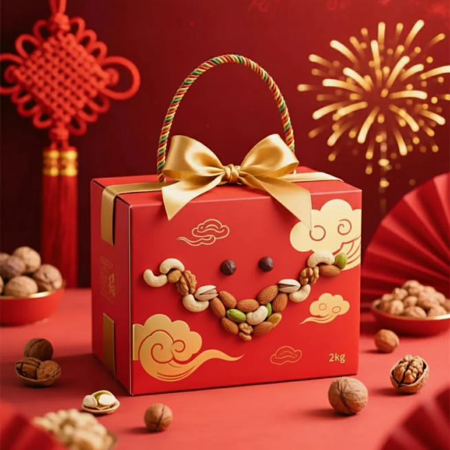一个用于装坚果的过年礼盒，礼盒整体为大红色，上面有金色的祥云图案和“福”字，礼盒顶部系着金色的蝴蝶结，礼盒周围散落着几颗不同种类的坚果，背景是红色的中国结和金色的烟花，整体风格喜庆、传统，充满过年的氛预览效果