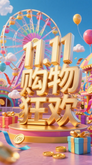 核心是“11.11 购物狂欢”的金色金属大字。背景是游乐场摩天轮氛围，点缀礼盒、彩带、金币、云朵、气球，整体风格热闹欢快，突出双十一购物狂欢氛围。预览效果