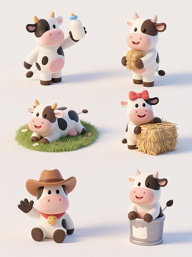 白色背景上，六个不同动态与场景的3D卡通奶牛角色系列素材集合，保持圆润Q版造型、白棕黑配色、柔和渐变光影与细腻材质感，每个奶牛姿态各异：1. 举着奶瓶的站立奶牛 2. 趴在草地上的奶牛 3. 戴着蝴蝶结的微笑奶牛 4. 抱着干草堆的奶牛 5. 戴着牛仔帽的挥手奶牛 6. 坐在牛奶桶上的奶牛，所有角色等距规整排列成两行三列，整体风格统一且充满可爱童趣。