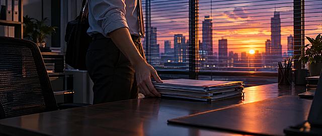 傍晚办公室角落，一个年轻职场人把一摞文件轻轻放到办公桌上准备离开，动作轻缓克制，背景百叶窗透出橙紫色晚霞，构图人物只拍到躯干没有面部特写，冷暖交界光线打在文件边缘，照片级写实，无任何文字、无Logo、无水印，电影感光影，细腻质感，真实办公环境