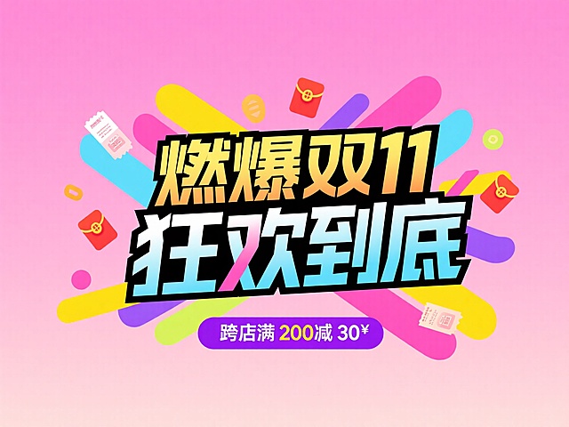 主标题“燃爆双 11 狂欢到底” ，搭配 “跨店满 200 减 30” 紫色副标题框，点缀优惠券、红包等促销小元素，背景为粉色渐变，促销氛围