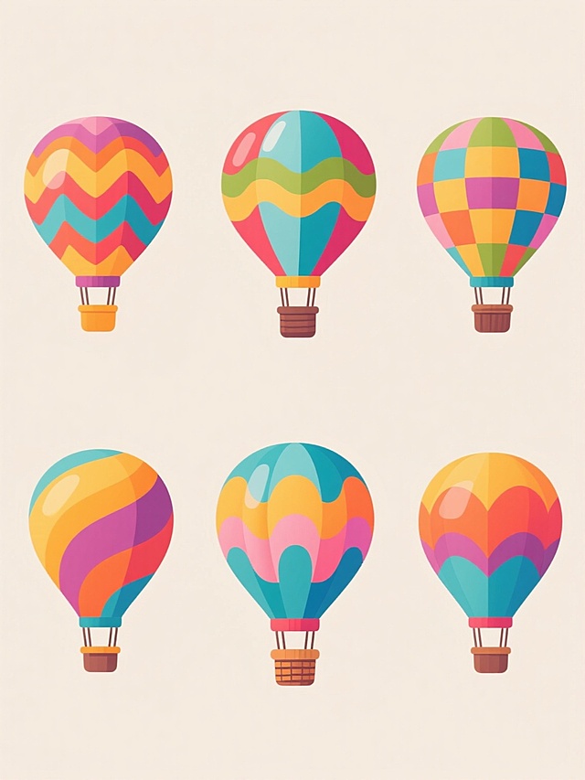 六个不同样式和配色的热气球元素，每个热气球都具有鲜艳饱和的色彩、流畅的曲线轮廓和类似原图的几何图案设计风格，包括不同颜色组合的波浪形、条纹形、菱形等图案，热气球下方带有悬挂的吊篮，整体呈现简洁明快的卡通插画风格，放置在浅色背景上，上下两行各三个整齐对齐排列，保持一致的光影效果和立体感，无文字和二维码元素。