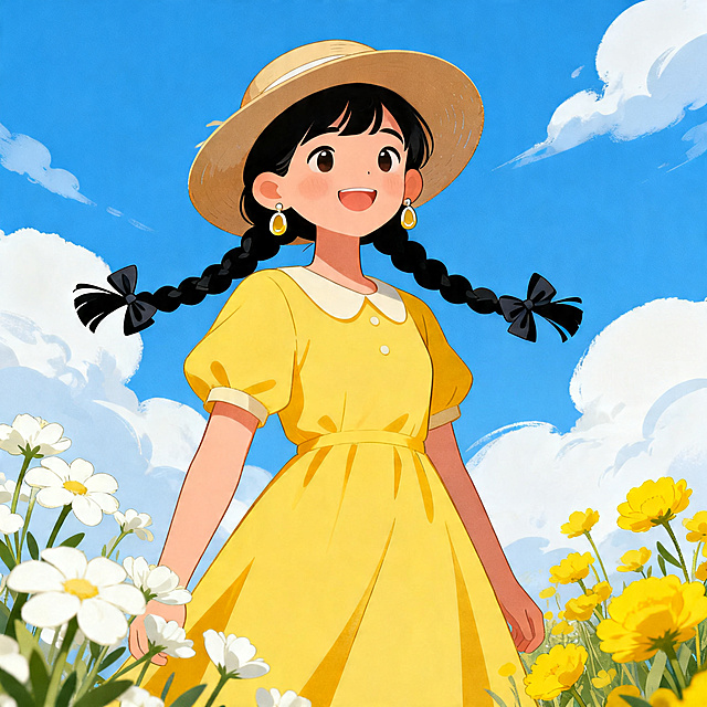 一名女孩身穿黄色连衣裙，戴着帽子和耳环，梳着黑色辫子，搭配蝴蝶结，在蓝天白云下，周围有白色花和黄色花朵，女孩面带微笑，仰视角度，中景构图，矢量插画风格