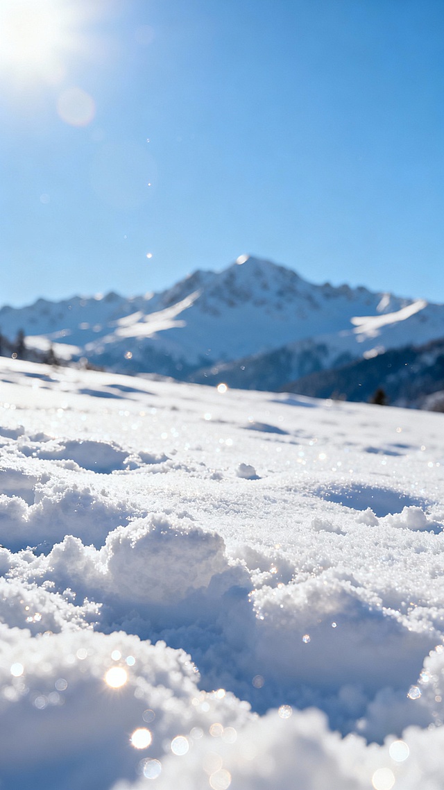 冬日雪景，阳光普照，雪面光斑，蓬松积雪，清透冷冽，明亮色调