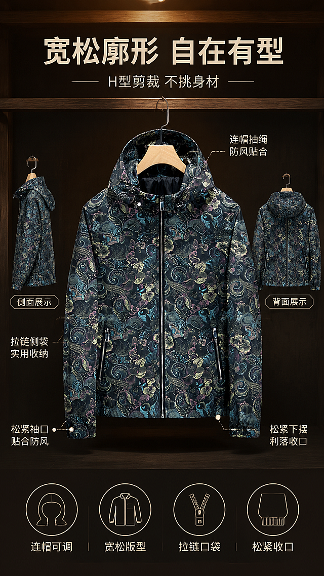 [第3张] 详情页版型解析-复古佩斯利腰果花连帽夹克多角度廓形展示。本张使用【图1】作为商品主体。
[氛围/风格] 简约复古风，暖调光影，商业产品摄影质感，信息图版式。
[元素布局] 画面中央展示夹克正面全貌，占比约45%；左右两侧分别排列侧面图和背面图小图，各占约20%；背景为深棕色复古背景+木质挂架+暖光效果；从连帽、肩线、袖口、下摆、口袋处引出细线标注设计亮点；保持夹克颜色、佩斯利印花、结构、拉链与输入图一致。
[光影质感] 顶部暖光照明，左右辅光补光，衣服褶皱自然，面料纹理清晰，立体感强，底部柔和投影。
[配色色系] 全局底色 #1F1A1A 深棕黑色；主色多彩佩斯利夹克；辅助色米黄线条、白色文字；点缀色金属银拉链。
[视角构图] 中间主图+左右双小图布局，阅读动线从主标题→主图→两侧细节小图→底部卖点。
[文字版式] 版式为顶部居中标题+中主图左右双小图+底部卖点条。主标题「宽松廓形 自在有型」，副标题「H型剪裁 不挑身材」，无衬线粗体居中；引线标注文字：「连帽抽绳 防风贴合」「拉链侧袋 实用收纳」「松紧袖口 贴合防风」「松紧下摆 利落收口」；底部4个图标配短句：连帽可调/宽松版型/拉链口袋/松紧收口。
[比例分辨率] 9:16 竖版比例，2K分辨率，文字清晰可辨，高清画质。
[负向提示词] 衣服变形，比例失调，印花错乱，颜色偏差，水印，文字错乱，结构错误。