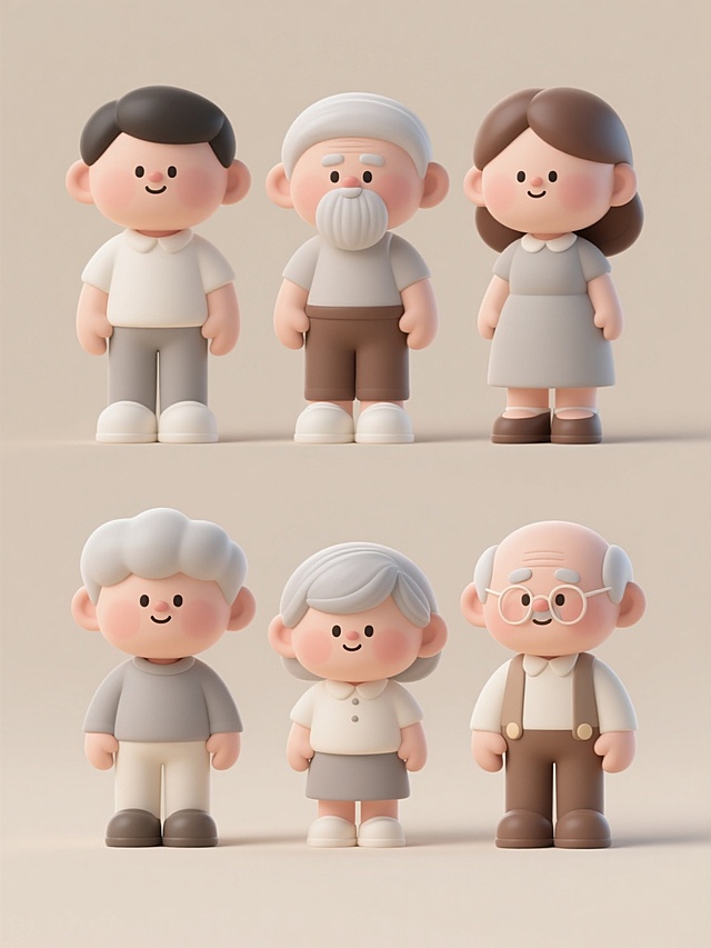系列集合海报，六个完全不同造型和角度的3D卡通人物，有男有女、有老有少，均保持圆润可爱的Q版风格，柔和明亮的光影，细腻光滑的3D模型质感，主色调为米白色、灰色和棕色，纯色背景，规整排布成两行三列，每个人物姿态各异且自然生动，整体视觉层级清晰，信息传达高效，设计感十足。