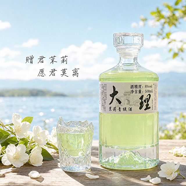 [单张主图] 大理茉莉青提酒精修电商主图，高级氛围感清新雅致风格。
[画面主体] 单瓶大理茉莉青提酒居中放置，保持酒瓶上的所有字体（大字"大理"、小字"茉莉青提酒"、酒精度8%vol、净含量500mL）完全清晰，产品外观（切面玻璃瓶、透明玻璃瓶盖、淡青绿色酒液、标签图案）与输入产品图绝对一致，杜绝任何变形和色差，精细化商业化精修处理提升整体质感和高级感。在酒瓶侧方搭配一个冰川纹玻璃烧酒杯，杯子中盛有和酒瓶同色的淡青绿色酒液，保持杯子通透质感。旁边搭配新鲜茉莉花和茉莉叶作为点缀，添加飘落的茉莉花瓣增加浪漫氛围。酒瓶酒杯放置在湖边木质桌台上，背景是虚化的蓝天白云远景。商品主体占比约55%，产品完整不裁切。
[构图版式] 采用左文右物场景型版式，产品放置在画面右侧偏下，左侧保留自然留白放置文案，整体舒展干净。
[场景元素] 前景为湖边木质桌台，摆放茉莉青提酒酒瓶、冰川纹烧酒杯，搭配茉莉花、茉莉叶和飘落花瓣点缀；背景为清澈湖泊，远处虚化蓝天白云，空气通透，营造清新雅致浪漫微醺氛围。
[文案版式] 左侧留白区域放置文案"赠君茉莉 愿君莫离"，采用适中大小黑色手写细书法字体，风格柔和不抢眼，不遮挡产品主体。
[光影质感] 整体使用自然柔和日光，侧前方斜射光，玻璃瓶身和玻璃瓶盖呈现自然通透高光，淡青绿色酒液通透有光泽，背景蓝天白云浅景深虚化，逆光突出酒液通透质感，整体光影层次丰富自然，氛围清新高级，暗部保留细节，无过度锐化和廉价HDR。
[配色字体] 主色调为浅蓝天空+原木色+茉莉淡青绿色，整体低饱和清新高级感；字体为黑色手写细书法，字重适中柔和，留白充足。
[比例分辨率] 1:1比例，4K分辨率，文字清晰可辨，画面超高清。
[负向提示词] 变形，水印，文字错乱，酒瓶字体模糊，产品主体遮挡，背景杂乱，错字，畸形结构，低清晰度