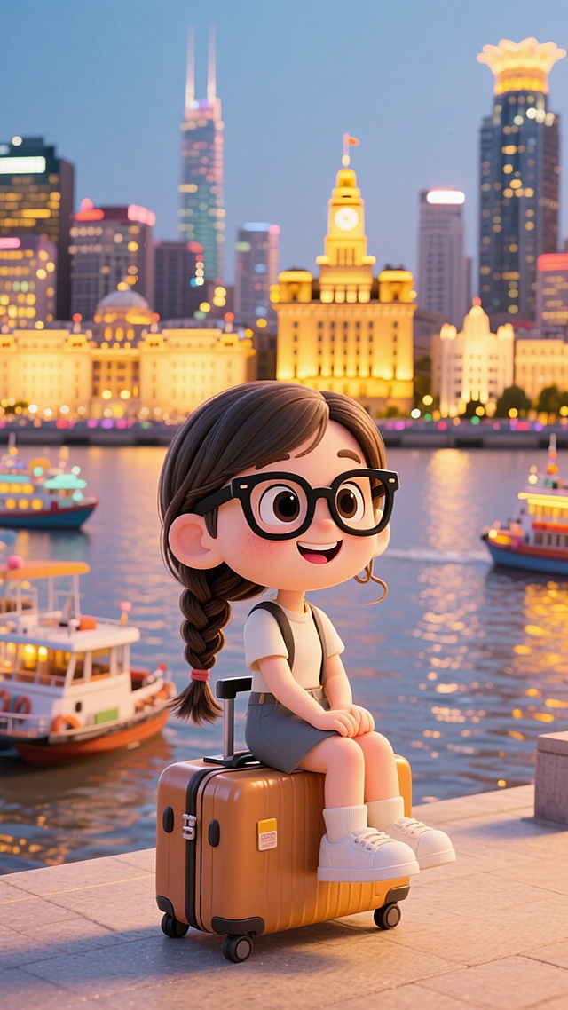 软3D风卡通女孩坐在行李箱上，背景是夜晚的城市灯光，可爱感十足。