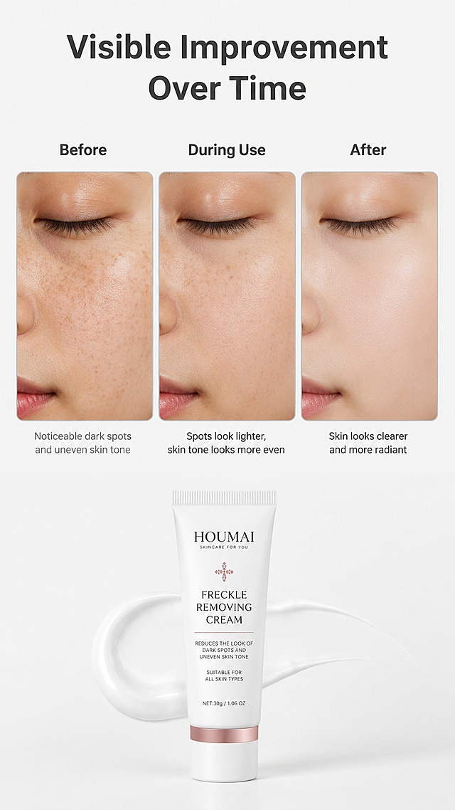 [第4屏] Gradual skin improvement visual page for Houmai Freckle Removing Cream. Main title: "Visible Improvement Over Time". This screen uses [image1] before-after reference from the original image. [Atmosphere/Style] Realistic non-exaggerated comparison, clean professional layout. [Element Layout] Three horizontal panels: "Before", "During Use", "After", each with a close-up skin photo. The skin condition gradually improves from more spots to clearer. Below the three panels place the product tube, product shape and color consistent with input image. [Lighting & Texture] Consistent lighting across all three panels, even soft light, clear skin texture, no over-saturation. [Color Scheme] Global background #f5f5f5, panel borders light gray, text dark gray. [Perspective & Composition] Top title, middle three panels arranged horizontally, bottom product, balanced layout. [Text Layout] All texts in English, labels for each stage, all text clear. No exaggerated absolute claims. [Resolution & Ratio] 9:16 vertical ratio, 4K resolution, high definition. [Negative Prompt] Chinese characters, exaggerated extreme contrast, distorted product, blurry skin photos, text error, watermark.