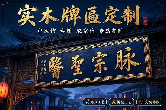 [主图-1] 实木牌匾定制 空间氛围英雄图，展示仿古实木牌匾悬挂于中式古建门头的震撼效果，突出蓝色调仿古质感与雕刻烫金工艺。
[统一基调] 整体风格为蓝色调新中式仿古风，背景主色为深邃藏青蓝与雾霾蓝渐变，标题字色为烫金色，辅助字色为米白色，强调色为朱砂红点缀。字体样式为大气书法宋体，字号层级分明，边框采用中式回纹细线装饰，整体高级有质感。
[画面] 画面中央偏上位置悬挂一块大型实木牌匾，牌匾为深蓝色实木底，金色雕刻大字，字体苍劲有力，边缘有回纹雕花边框。牌匾悬挂于中式仿古门楼的门楣上方，门楼为深棕色木质结构，飞檐翘角隐约可见。牌匾主体占画面约55%，平视略微仰视角度，展现牌匾的庄重与气势。背景是朦胧的古镇街巷远景，青瓦白墙在蓝色雾气中若隐若现，营造深远的空间感。画面左下角有轻微的灯笼光影点缀，增加氛围感。
[光影质感] 商业摄影质感，主光从左上方45度照射，牌匾表面有柔和的金色反光，雕刻字体有明显的立体感和阴影，木纹纹理清晰可见。整体光线偏冷调蓝紫光，营造夜晚或黄昏的古镇氛围，牌匾为画面最亮区域，突出主体。
[配色] 主色调为藏青蓝、雾霾蓝、深靛蓝的蓝色系渐变背景，牌匾为深蓝木色配烫金字体，辅助色为米白文案、少量朱砂红印章点缀。场景色为冷调蓝灰色古镇远景，整体统一在蓝色调性中。
[文字版式] 画面上方为大标题烫金色书法字体"实木牌匾定制"，字号最大。标题下方一行稍小的米白色字"中医馆 古镇 农家乐 专属定制"。画面右下角有三个小标签图标，分别标注"雕刻工艺""烫金工艺""免费排版"，标签为深蓝色底金色字，圆角矩形。所有文字放在负空间，不遮挡牌匾主体。
[输出要求] 比例3:2，文字清晰可读，产品清晰完整，无变形错字，无模糊杂乱，无水印无平台Logo，禁止出现极限词和违禁用语。