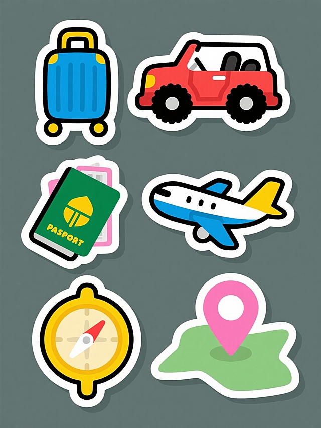 一组6个旅行主题的卡通贴纸图标，保持原风格：扁平设计，粗黑色轮廓线，内部填充鲜艳明快的马卡龙色系，带有轻微立体阴影效果，纯色背景。6个完全不同的旅行元素规整排布：1. 蓝色条纹行李箱配黄色提手和轮子，2. 红色敞篷越野车带黑色轮胎，3. 绿色护照和机票叠放，4. 蓝白相间客机配黄色尾翼，5. 黄色圆形指南针带红色指针，6. 粉色地图标记插在绿色地图上。