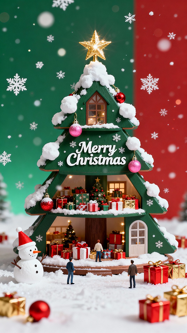 三层圣诞树造型的立体小屋，点缀白色雪团、红粉圣诞球，顶部金色星星，树身有 “Merry Christmas” 白色艺术字。每层内部都是丰富的圣诞礼物；树外左下角有白色小雪人（戴红帽），地面散落红金礼盒。背景是左右渐变的绿红双色，空中飘着白色雪花与光斑。