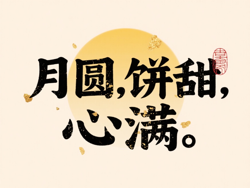 宋体， 文案“月圆，饼甜，心满。”，文字布局紧凑，背景浅米色点缀少量金箔，中心融入渐变黄色圆形模拟月亮，右上角和右下角添加中式红色印章预览效果