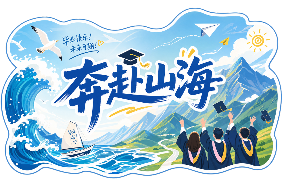 横式异型毕业举手牌，尺寸0.6x0.4米，文字为“奔赴山海”，开阔活泼风格，点缀波浪和山川元素，毕业主题预览效果