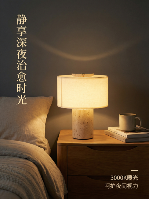 [主图 7] 夜间氛围感展示
[氛围/风格] 温馨治愈，静谧夜晚氛围感
[画面元素] 保持原产品外观，展示关闭房间主灯后，云台台灯点亮的完整床头场景，暖光铺满床头柜和半面墙面，营造睡前安静放松氛围，背预览效果