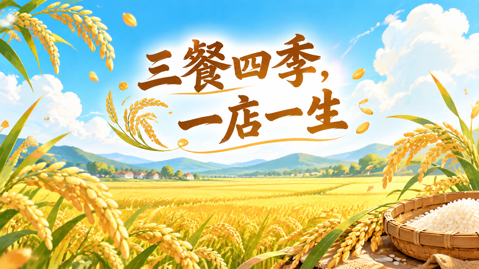 一幅稻田与天空的大背景插画，画面上方是湛蓝的天空，飘着几朵白云… - 图片创意预览
