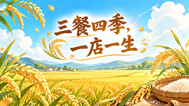 一幅稻田与天空的大背景插画，画面上方是湛蓝的天空，飘着几朵白云，下方是广阔的金黄色稻田，稻穗饱满随风轻摆。画面中央有醒目的主体文字"三餐四季，一店一生"，字体温暖有质感。画面中点缀着稻米素材插图，有散落的稻粒、稻穗装饰元素，整体风格温馨治愈，田园风，色彩温暖明亮，构图和谐，适合作为店铺背景使用