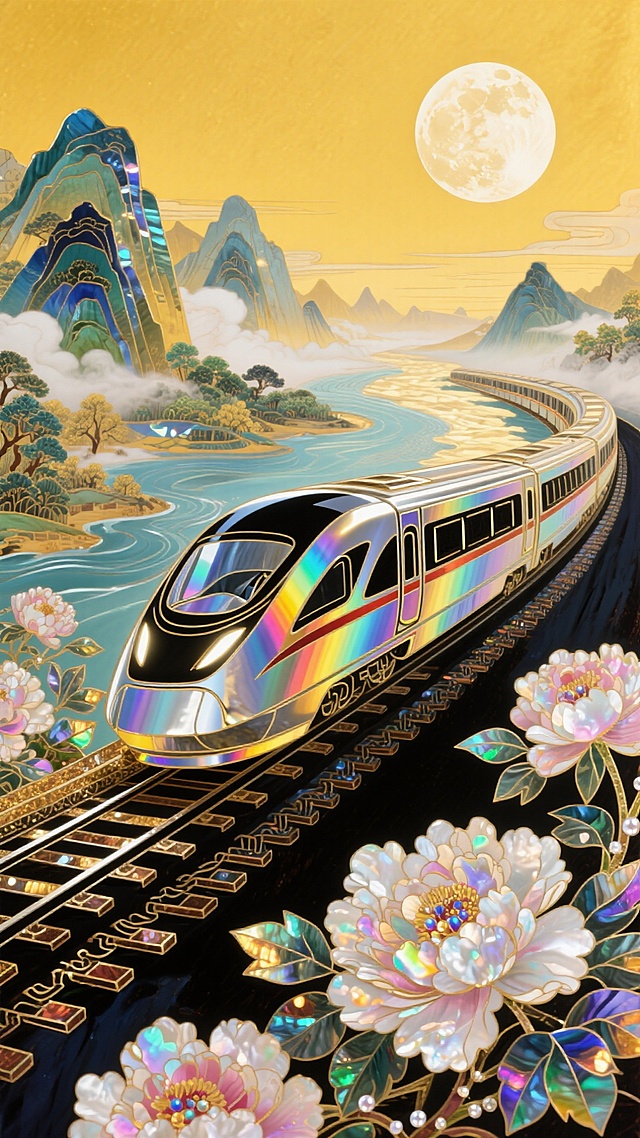 国潮风插画，融合中式山水与未来列车，鎏金轨道穿行于梦幻花海，金属光泽与刺绣质感交织，展现科技与传统的奢华对话。