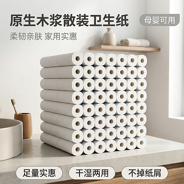 [垫图] https://gdesign-dam-hz.dancf.com/35974007200131208/8ff8e162af5a42d08e21ff4c79c4f6be.png
[主图主题] 散装卫生纸巾首图展示
[氛围/风格] 高级简约家居风格，明亮干净自然光
[画面元素] 成提的散装卫生纸居中放置在干净整洁的浅色浴室洗手台旁，背景为干净的浅灰白色墙面，窗边透进柔和自然光线，整体画面干净通透，主体产品占据画面中心位置，背景铺满全屏无边框
[配色色系] 主色调：纯净白；辅助色：浅米灰、暖木色
[视角构图] 平视视角，景深适中，产品完整呈现
[文字版式] 左上角主标题"原生木浆散装卫生纸"，字体为无衬线粗体，深灰色；副标题"柔韧亲肤 家用实惠"，字号比主标题小一半，浅灰色。右上角浅灰色胶囊标签"母婴可用"，白色文字。底部三个卖点胶囊横向排列："足量实惠" 、"干湿两用"、"不掉纸屑"，文字为深灰色。整体布局平衡，不遮挡主体产品
[比例分辨率] 800*800像素，2k分辨率