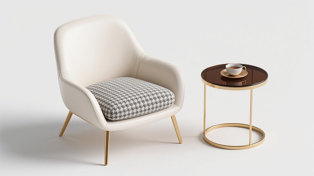 3D渲染的现代简约风格单人扶手椅，椅子主体为米白色皮革材质，靠背和坐垫采用灰色千鸟格布艺，金属腿为金色，旁边搭配一个金色金属框架与深棕色玻璃材质的圆形小边几，边几上放置一个带托盘的茶杯，整体画面干净整洁，光线柔和均匀，纯白色背景，适合作为设计素材使用。