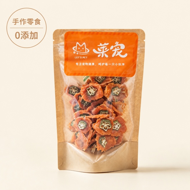 [宠物零食主图2] 袋装秋葵缠鸡肉宠物零食主图，抠出产品主体，使用参考图的干净暖米色纯背景，主体足够大，简约日式排版，左上角添加文字卖点"手作零食 0添加"。本屏使用【图2】作为产品主体。
[氛围/风预览效果