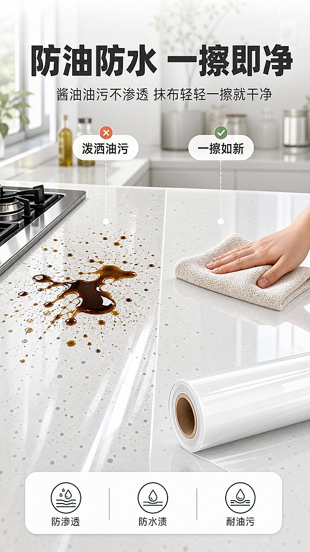 [商品] 使用【图1】透明卷材灶台膜；保留白色透明卷状形态、纸筒内芯、表面光泽质感、膜体透明材质；产品为自粘式厨房灶台保护膜，真实功能方向为防油防水易清洁。
[画面] 页面目标：防油易清洁性能展示，油污一擦即净效果。构图：竖版9:16，上中下结构，上方标题，中部前后对比，下方产品展示。主体位置：画面中部，左侧台面上泼洒酱油/油污的灶台膜，右侧用抹布一擦后干净如新的对比。灶台膜卷材放在右下角。产品占画面约20%。景别：特写+中景。前中后景：前景台面油污与抹布擦拭动作，中景灶台膜铺贴效果，后景厨房背景。阅读动线：从上至下，左右对比。
[视觉] 套系策略：风格=现代简约家居商业摄影风；标题字=粗黑体无衬线；正文字=常规无衬线体；主色=白色+浅灰色；背景延展=基于白色和浅灰做深浅层级、同色渐变和细腻石材/金属质感；强调色=橙红色（仅用于高温特效、小面积图标和标签）+ 墨绿色（用于卖点图标和强调文字）；标题色=深炭灰；正文色=中灰色；组件=圆角白底信息卡、细线引线、图标化卖点条；光影=左前侧自然光，明亮通透，台面有柔和反光。
[文字] 顶部主标题"防油防水 一擦即净"，副标题"酱油油污不渗透 抹布轻轻一擦就干净"。左侧标注"泼洒油污"，右侧标注"一擦如新"配绿勾。底部3个小图标横排：防渗透、防水渍、耐油污。所有文字横排，不遮挡擦拭动作核心展示区。
[规格] 图片比例9:16竖版，4K，避免变形、错字、文字过小、冷蓝/蓝灰背景、产品颜色改变、材质失真、极限词。
