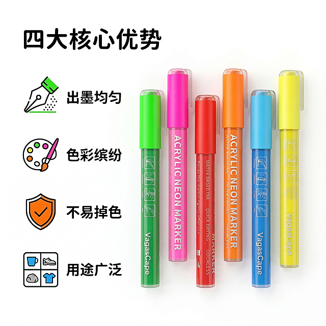 [垫图]https://gdesign-dam-hz.dancf.com/35840261605936225/ac70e15d9e5842f5b51a0939c47961ae.jpg
[主图主题]丙烯马克笔四大核心卖点
[氛围/风格]干净简约突出卖点，明亮清晰
[画面元素]左侧竖向排列四个卖点图标，右侧展示6支彩色马克笔产品，产品右侧留出适当空白，光影均匀通透，背景为纯净白色
[配色色系]产品本身缤纷色彩为主，四个卖点图标分别使用对应颜色点缀
[视角构图]左图右文不对，是左文右图：左侧图标文字，右侧产品展示，平衡构图
[文字版式]每个卖点配一个小图标和文字：第一个图标墨水纹理图标配文字“出墨均匀”，第二个调色盘图标配文字“色彩缤纷”，第三个盾牌图标配文字“不易掉色”，第四个四格方块图标配文字“用途广泛”，主标题放在顶部“四大核心优势”，字体卡通圆润，黑色文字清晰可读，符合淘宝主图规范。