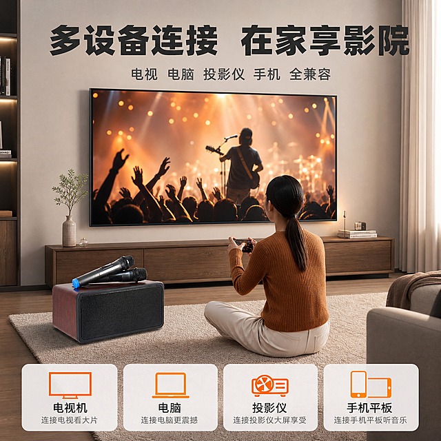 [主图-7] 场景使用/多设备兼容，展示连接电视电脑投影仪的家庭影院体验。
[统一基调] 风格=国内数码家电专业品质风，科技感+温馨家居结合；标题字=思源黑体粗体厚重；正文字=思源黑体常规清晰；主色=深棕木纹+黑色；背景延展=暖灰米色客厅场景，同色系深浅层级，柔和光影；强调色=暖橙色，用于高亮标签图标；标题色=深炭灰；正文色=中暖灰；组件=圆角设备图标卡片、细线引线；光影=环境暖光，电视屏幕发光，场景自然。
[画面] 使用【图8】闻歌N-S10S家庭KTV音响+电视场景图；保留木纹箱体、黑色网罩、双麦克风横放、电视画面、亚洲女性背影的结构颜色材质比例，产品原貌不变；场景为现代客厅，女性坐在地毯上背对镜头，前方大屏幕电视播放画面，音响放在左侧地面，双麦横放其上；背景为浅灰色墙面+温馨灯光；底部配4个设备图标。
[光影质感] 商业场景摄影质感，环境暖光自然，电视屏幕发光，人物背影自然，产品融入场景真实。
[配色] 暖灰米色客厅场景，深棕音响，橙色图标，整体温馨有代入感。
[文字版式] 顶部主标题"多设备连接 在家享影院"（深炭灰粗体大字）；副标题"电视 电脑 投影仪 手机 全兼容"（中灰色小字）；底部4个设备图标横排："电视机""电脑""投影仪""手机平板"；每个图标下配简短说明；所有文字横排。
[输出要求] 比例1:1正方形 2K，文字清晰可读，避免产品变形错字、人物失真、商品颜色改变、冷蓝背景、电视画面错乱。