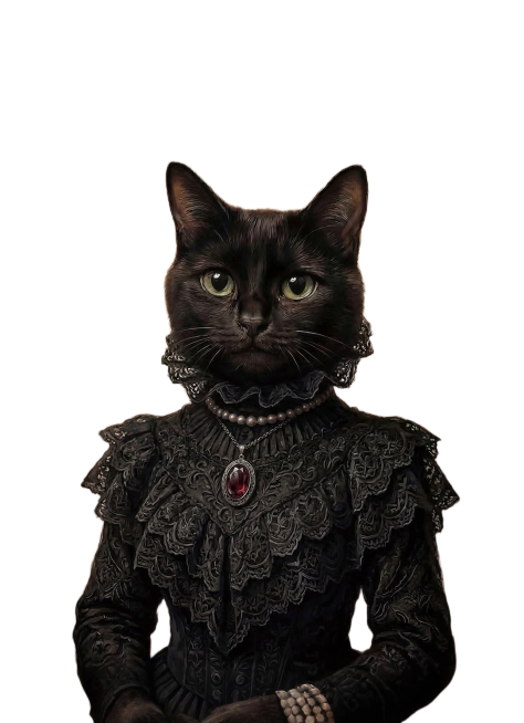 修复猫咪肖像与背景衔接处的透光问题，让背景和画面边缘衔接更自然，保持原有复古欧式卷草花纹背景和黑猫维多利亚风格肖像的内容不变预览效果