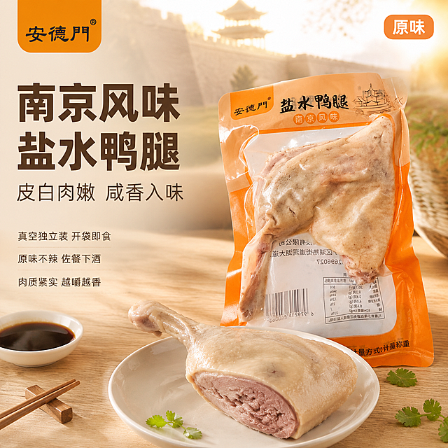 [主图-1] 南京风味盐水鸭腿食欲首图，左文右图布局。
[氛围风格] 温馨家常餐桌风，自然暖阳逆光，突出鸭肉咸香鲜嫩的食欲感，干净高级的商业美食摄影质感。
[画质] 商业摄影质感、光线柔和通透、产品清晰真实、画面干净高级，鸭肉纹理细腻可见。
[元素] 画面右侧主体为一袋安德门盐水鸭腿（保持产品外观、包装结构、橙白配色、品牌字样与输入产品图完全一致，杜绝任何变形和色差，精细化处理），包装袋略微倾斜摆放，旁边放一只已拆开取出的完整盐水鸭腿，皮白肉嫩，表面泛着淡淡油光，鸭腿切面露出紧实的瘦肉纹理。背景是浅木色餐桌，搭配白瓷盘、一双竹筷、一小碟香醋、几片香菜叶点缀，远处有模糊的南京古城墙剪影做氛围暗示。商品主体（包装+鸭腿）占比约70%。左上角放置安德门品牌Logo，字形与配色与原图一致。画面满屏无边框。
[光影] 自然暖阳逆光从右上方斜射，鸭皮表面形成柔和高光，肉质通透有层次；左侧柔光补光，暗部细节清晰；整体暖调，无生硬阴影，营造家常温馨的用餐氛围。
[配色] 主色暖橙米白（取自包装），辅色浅木色、鸭皮米白，强调色深棕（鸭肉）、翠绿（香菜点缀）。
[视角构图] 45度俯视平视结合，右主体左文案，景深中等，背景轻微虚化突出主体。
[文字版式] 左侧负空间左对齐留安全边距。主标题大字粗体："南京风味 盐水鸭腿"，深棕色最大号粗体无衬线。副标题："皮白肉嫩 咸香入味"，约半高、同色略浅。下方三行短句："真空独立装 开袋即食""原味不辣 佐餐下酒""肉质紧实 越嚼越香"，小号字，行间距宽松。右上角小标签："原味"，橙底白字圆角矩形。
[输出要求] 1:1比例，文字清晰锐利，超高清商业美食摄影质感。
[负向提示词] 变形，文字错乱，产品图模糊，背景杂乱，水印，电商平台Logo，夸张宣传，百年老字号字样，多余手指，畸形手。