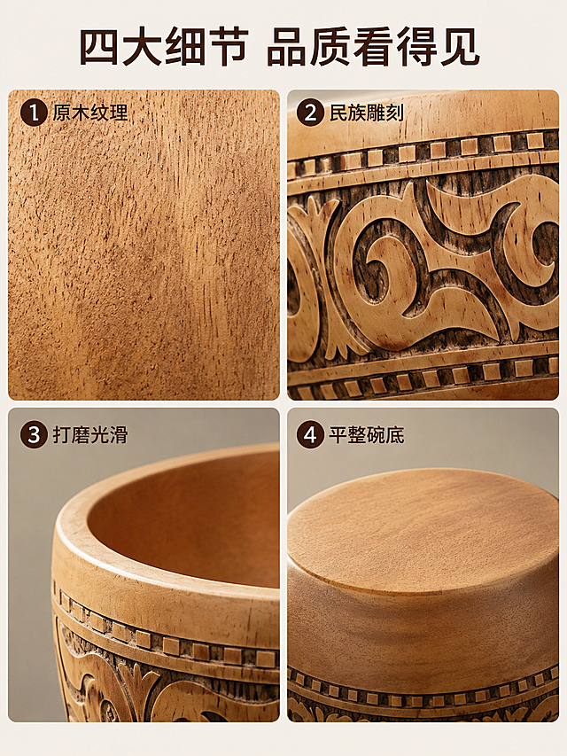 [第4屏] 细节四宫格展示屏，分四个局部展示相思木牛奶碗核心细节。本屏分别使用【图1】截取对应局部作为参考。
[氛围/风格] 微距细节展示，高清写实，突出材质与工艺质感。
[元素布局] 2×2四宫格布局，左上展示木材天然纹理微距，右上展示民族雕刻纹路特写，左下展示打磨光滑碗口细节，右下展示平整碗底做工细节；每个细节区域配编号和短标题，整体干净排版。
[光影质感] 每个宫格布光均匀，纹理雕刻细节清晰锐利，微距质感真实。
[配色色系] 整体背景 #F8F4ED，每个宫格保留木材原有暖棕色调，文字用深棕色。
[视角构图] 四宫格均衡排版，每个宫格为局部微距视角，突出细节特征。
[文字版式] 顶部总标题「四大细节 品质看得见」，每个宫格角落标注编号+1-2字细节名称，文字小巧不遮挡细节主体。
[比例分辨率] 3:4 竖版比例，4K分辨率，文字清晰可辨，高清画质。
[负向提示词] 细节模糊，宫格比例失衡，文字遮挡细节，颜色偏差，产品变形。