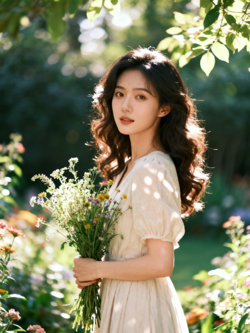 一位清新自然的东方美女，五官精致气质优雅，站在光影斑驳的花园中，整体氛围温柔治愈，高清质感人像摄影预览效果