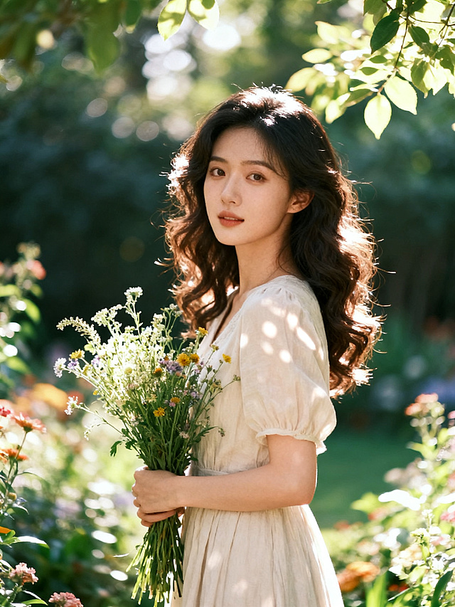 一位清新自然的东方美女，五官精致气质优雅，站在光影斑驳的花园中，整体氛围温柔治愈，高清质感人像摄影