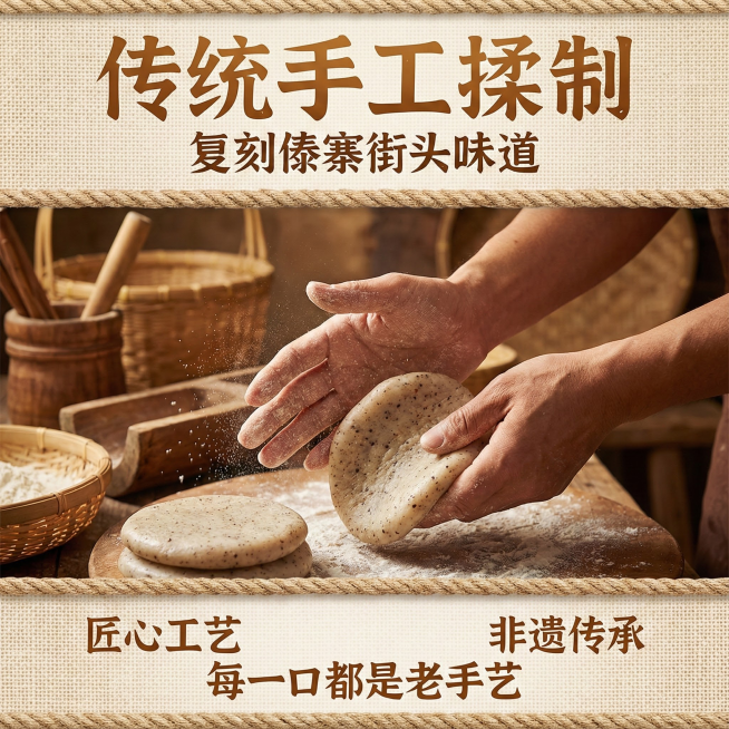 这张图片是产品主体这款产品是傣族糯米粑粑   我需要设计10张主图在拼多多上面售卖   主图设计整体显得高级一些  主图文案内容   传统傣家手工手艺 复刻傣寨街头的原生糯香 自带民族特色记忆点 精选预览效果