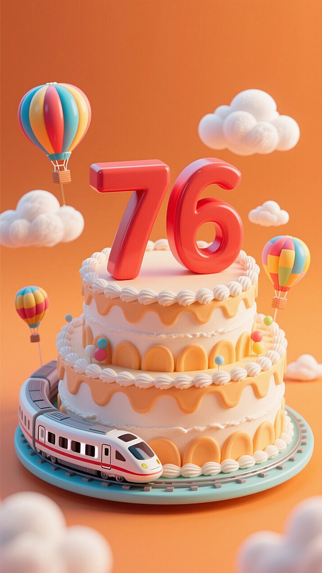 橙色背景，精致的多层蛋糕（一层围绕着动车装饰）上面有红色立体数字”76“，周围热气球、云朵装饰