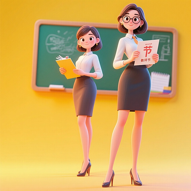 软3D风卡通教师形象，温馨色调，庆祝教师节，设计简洁生动。
