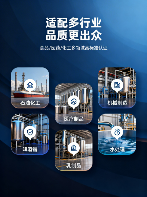 高端工业宣传海报，主题为卫生级流体设备应用场景，主标题"适配多行业 品质更出众"，副标题"食品/医药/化工多领域高标准认证"，采用深蓝色渐变商务背景，6个应用板块采用圆角卡片悬浮设计，卡片分别展示石油预览效果