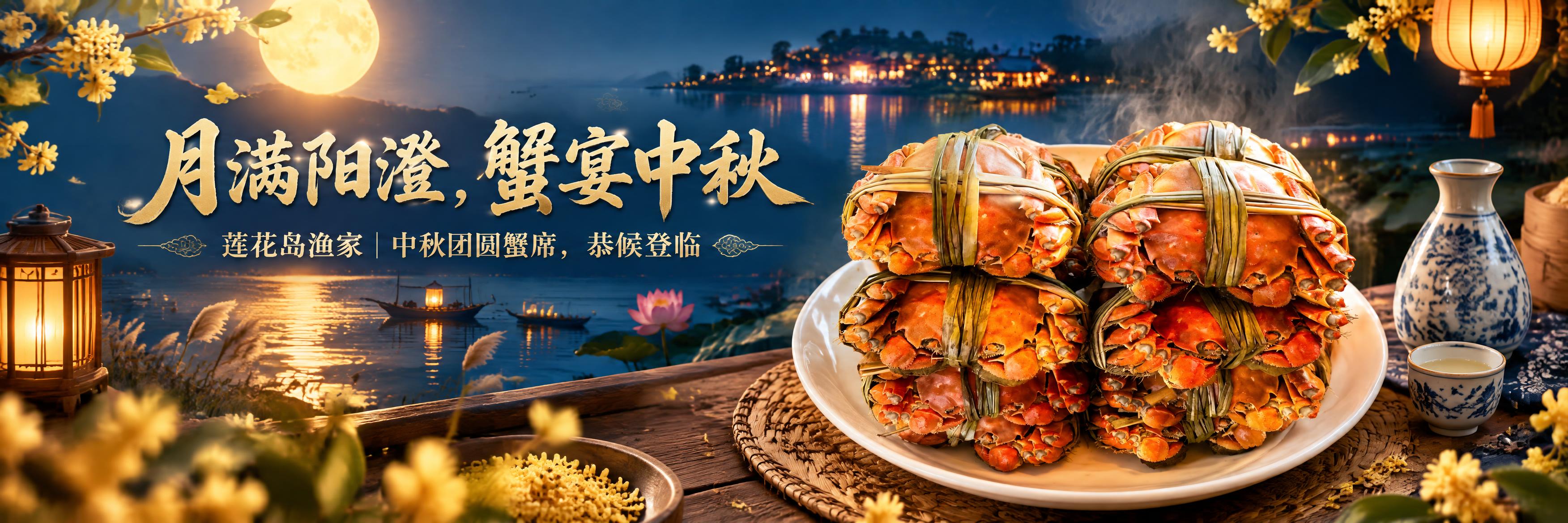 图生图中秋餐饮横幅海报，3:1超宽横构图，版式精美，写实商业摄… - 图片创意预览