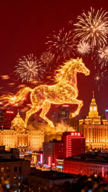 深红色背景、夜晚城市、马形烟花、城市霓虹、烟花光影，2026 马年、马踏烟火、新春纳福、城市新春预览效果