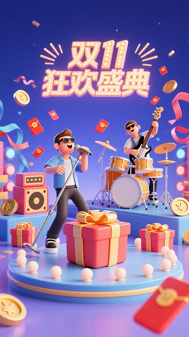 主视觉为一个舞台，舞台上有一个乐队，舞台其实是一个放大的礼盒，舞台周围也有高低错落礼盒展示，舞台上有3个人，主场贝斯手和鼓手。乐队的主唱正在舞台中间激情演唱，舞台上还有带墨镜的鼓手，以及贝斯手身上挂着贝斯，手往空中撒红包，背景有金币、红包、丝带、放射线点缀，正面视角，超广角构图，画面有张力，色彩丰富，画面顶部有3D文字灯牌“双11狂欢盛典” ，灯牌清晰