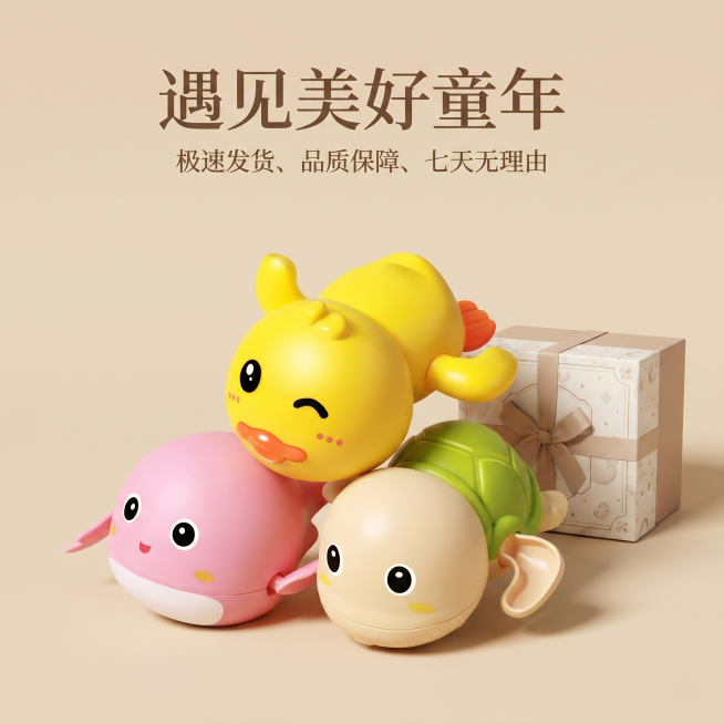 品牌形象页。三款戏水玩具（鸭、鲸、龟）在柔和的米色暖调中自然交叠摆放，旁侧点缀精美礼盒作为辅助，礼盒不抢主体。严格保持产品真实质感和细节与参考图一致。品牌墙排版，主标题"遇见美好童年"，下方列出小字售预览效果