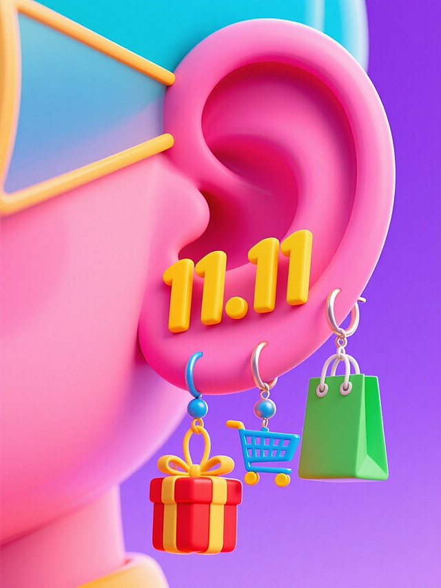 耳朵上挂满耳环的特写，耳环造型分别是：“11.11”、购物车、礼盒、购物袋，紫色背景
