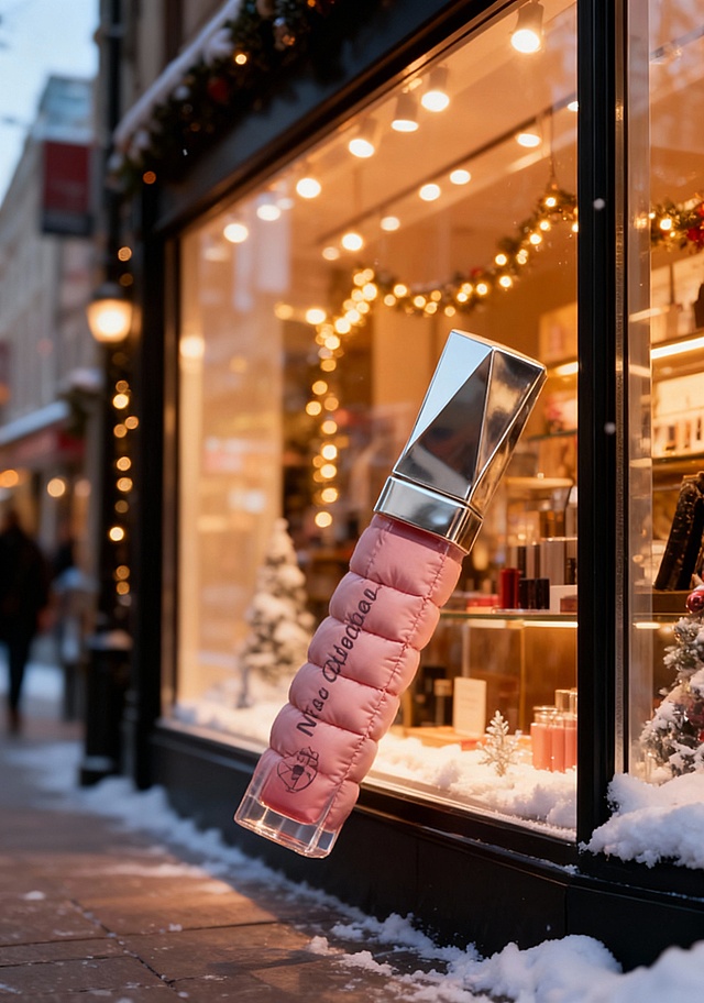 将图示商品变成充气羽绒质感，还原商品颜色、文字、图案细节。冬日步行街商品橱窗场景