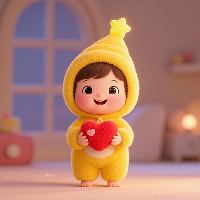 一个女婴儿，穿着黄色连体毛绒带三角桶状帽睡衣，帽子顶部有一个黄色的发光星星，手里拿着一个红色爱心毛绒玩具，温柔笑着看着前方，治愈系