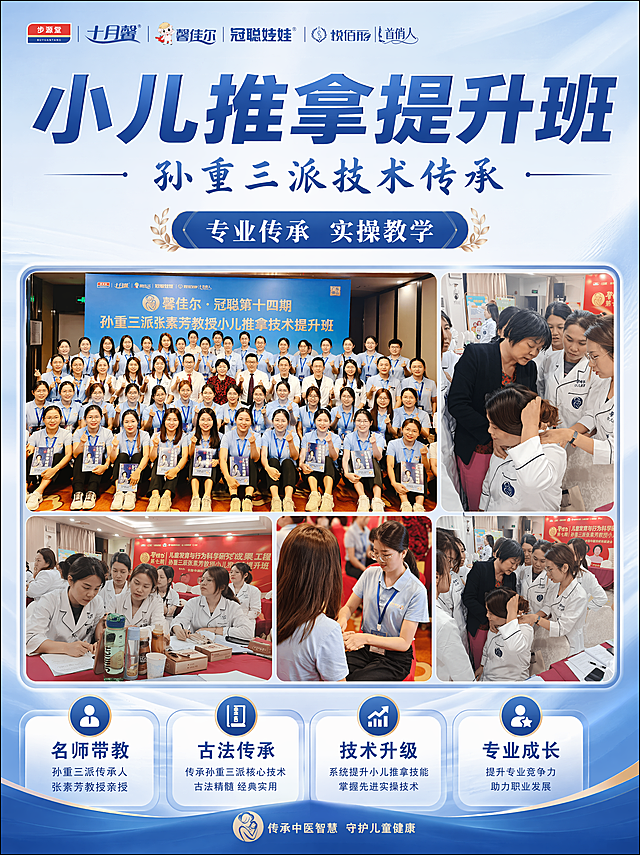 专业医疗教育培训宣传海报，主标题“小儿推拿提升班”，副标题“孙重三派技术传承”，装饰文案“专业传承 实操教学”，卖点标签：名师带教、古法传承、技术升级、专业成长，整体风格正式专业商务，采用蓝色为主色调，融入提供的6张培训现场照片关键场景元素，排版分区清晰，顶部放主标题，中部展示培训核心场景，底部放卖点标签，四边留足安全边距，文字清晰可读，画面专业可信，4K超高清，版式精美