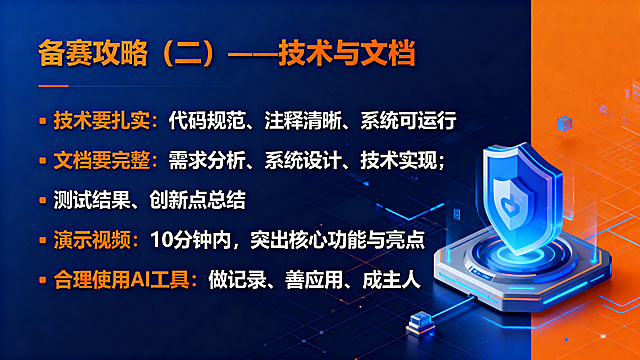PPT内页，主色调科技蓝和活力橙，标题加粗微软雅黑字体"备赛攻略（二）——技术与文档"，内容要点：技术要扎实：代码规范、注释清晰、系统可运行；文档要完整：需求分析、系统设计、技术实现；测试结果、创新点总结；演示视频：10分钟内，突出核心功能与亮点；合理使用AI工具：做记录、善应用、成主人；使用微软雅黑常规字体，排版清晰，现代科技教育风格