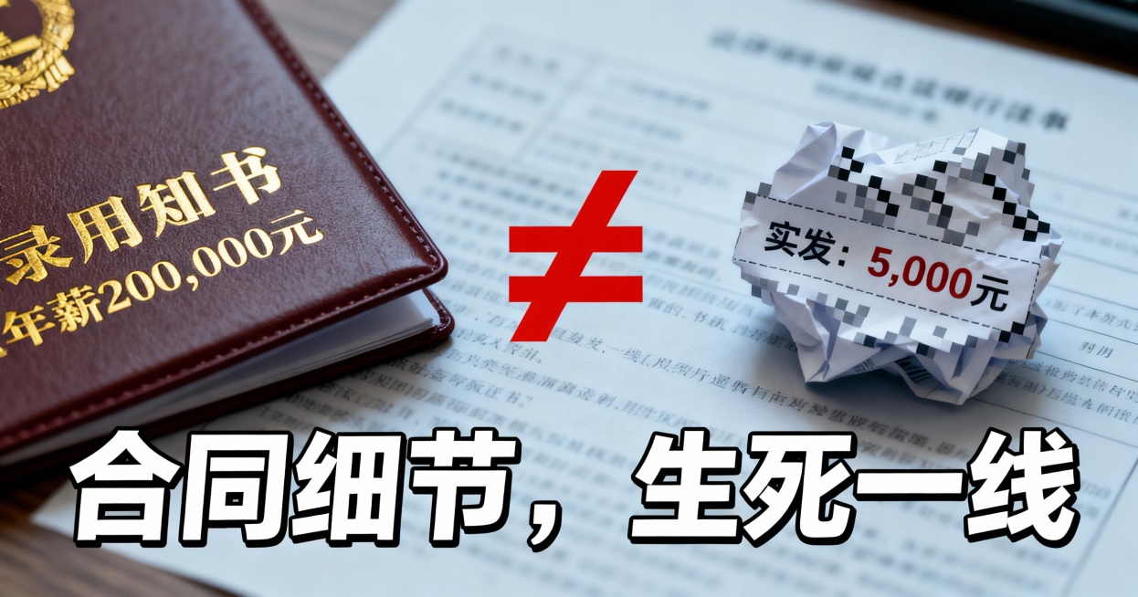 image-一张冷色调、办公桌风格的简约图片。画面左侧是一张精美的“录用通知书”特写，上面用醒目金字写着“年薪200,000元”。右侧是一张皱巴巴的、像素化的工资条，上面清晰地印着“实发：5,000元预览效果