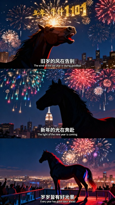 三宫格图，横向三宫格，主体为马的剪影，三格高度完全相等，背景是跨年夜晚的城市天际线，绚烂烟花在夜空绽放，光影映射在马的轮廓上，马呈昂首张嘴的说话姿态，整体色调为深邃藏蓝与璀璨金红交织。第一张（特写）：预览效果