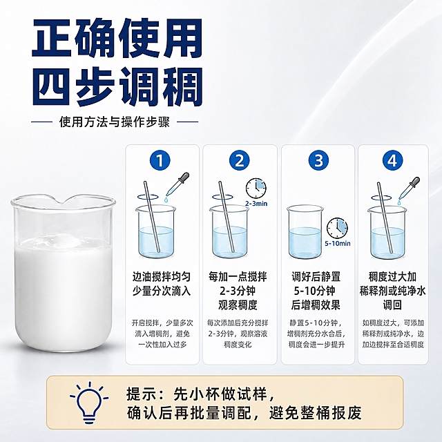 [主图-4] 使用方法与操作步骤 四步教你正确使用增稠剂
[统一基调] 工业化工专业风 蓝白主色 浅灰渐变背景 标题深蓝色粗黑体 辅助文字深灰色 强调色科技蓝 简洁干净专业感
[画面] 顶部大标题区 下方横向排列四个步骤图 每个步骤配一个圆形编号和操作示意图 步骤1 边油搅拌均匀 少量分次滴入 步骤2 每加一点搅拌2-3分钟 观察稠度 步骤3 调好后静置5-10分钟 后增稠效果 步骤4 稠度过大加稀释剂或纯净水调回 左侧或右下角放置玻璃烧杯装乳白色增稠剂产品图 占画面约25% 背景浅灰渐变 底部有提示条
[光影质感] 商业插画结合产品摄影风格 步骤示意图简洁明了 产品图真实质感 整体光线明亮
[配色] 背景浅灰 编号圆科技蓝底白字 标题深蓝 步骤文字深灰 底部提示条浅黄底深字
[文字版式] 顶部大标题 正确使用 四步调稠 四个步骤从左到右排列 编号1234 每个步骤下方配文字说明 底部提示条 先小杯做试样 确认后再批量调配 避免整桶报废
[输出要求] 1:1比例 2048x2048 文字清晰可读 产品清晰不变形 无水印 无平台logo 无多余杂物